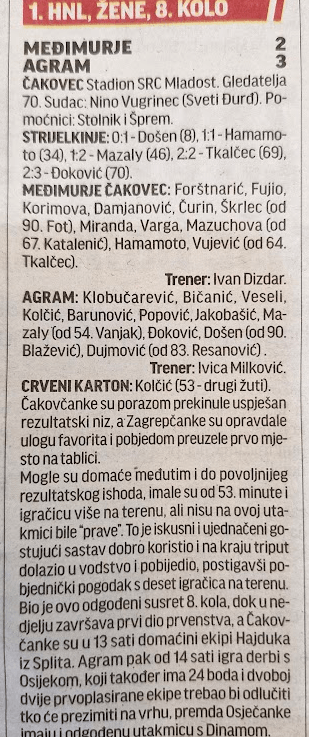 Izvješće iz Sportskih s utakmice Međimurje – Agram