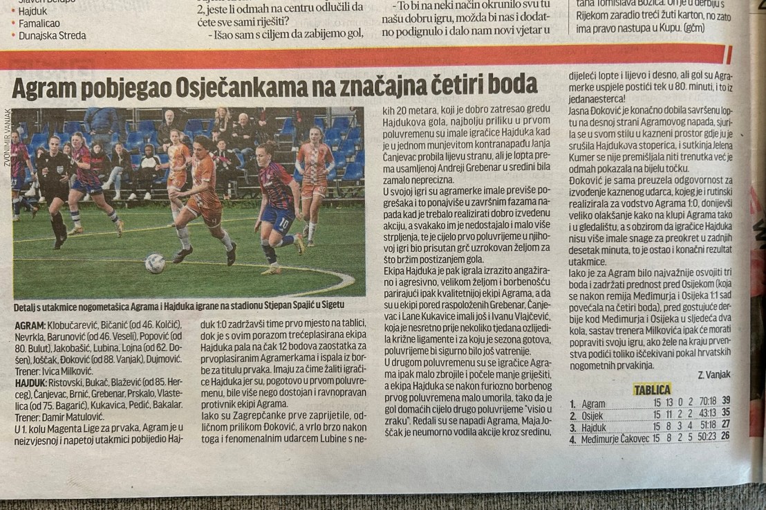 Izvješće za Sportske novosti s utakmice Agram – Hajduk 1 :&nbsp;0