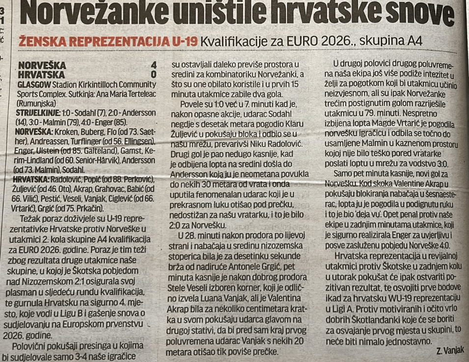Izvješće za Sportske novosti s utakmice Norveška – Hrvatska